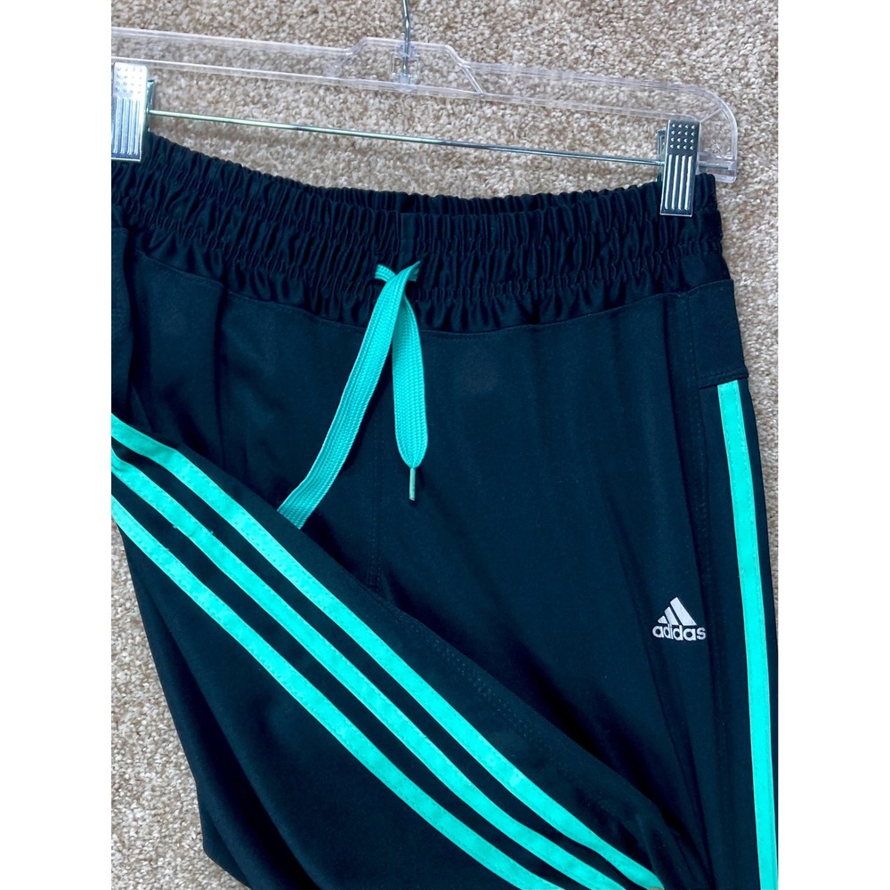 Adidas 3-Stripe Athletic Track Pants Women L Black Teal Drawstring Retro Joggers